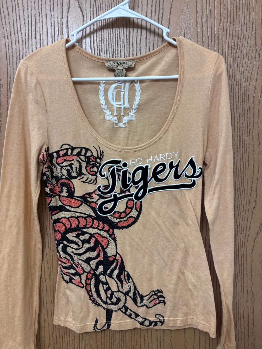 Ed Hardy Peach Long Sleeve Tiger Graphic Scoop Neck Top